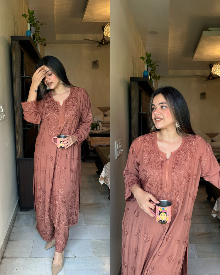 Brown self pure chikankari set