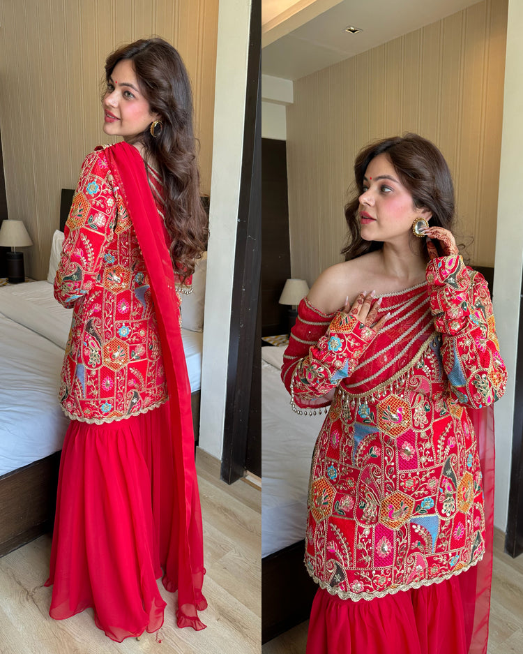 Red attach duppata drape suit