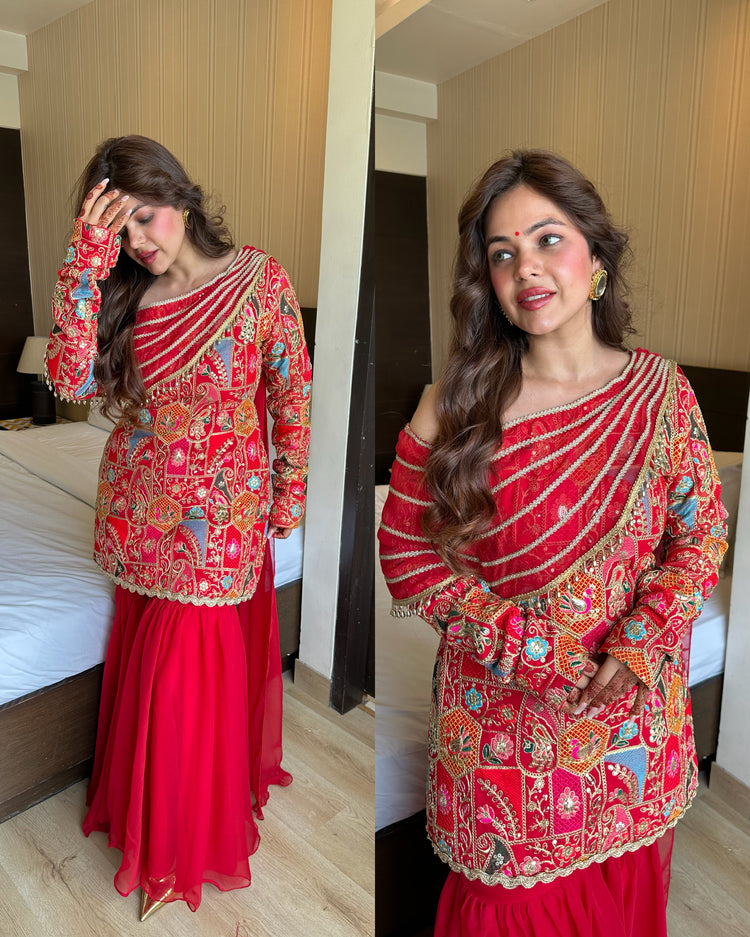 Red attach duppata drape suit
