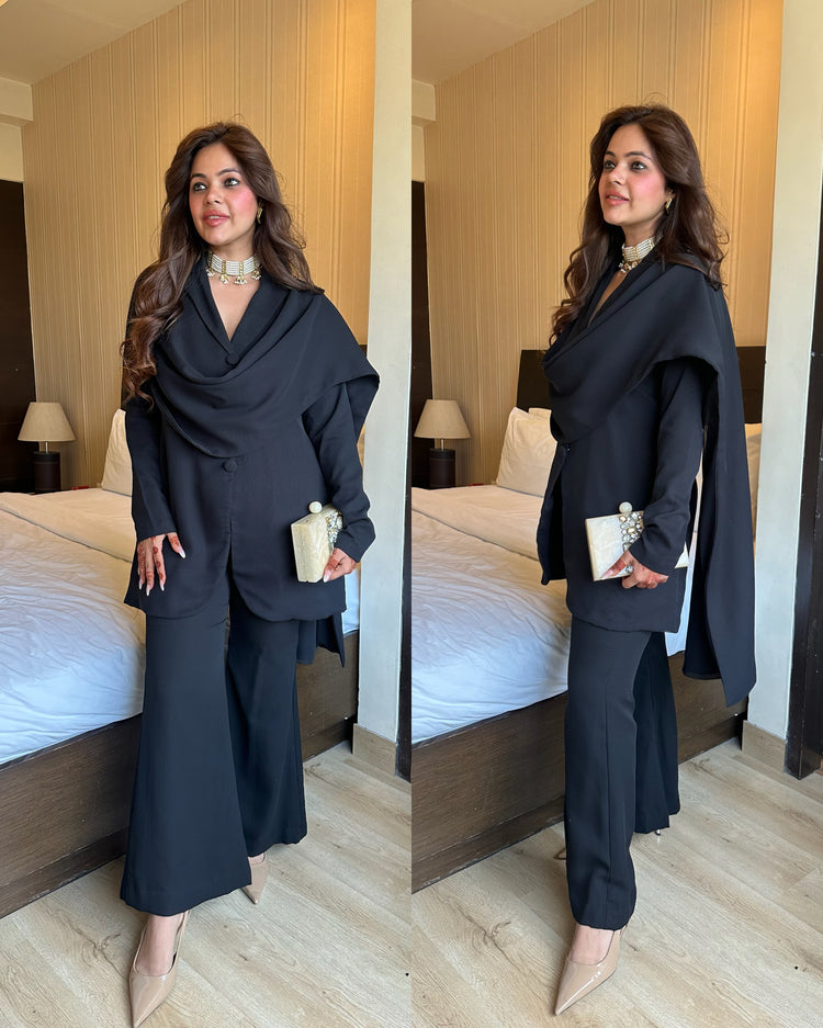 Black power suit with drape