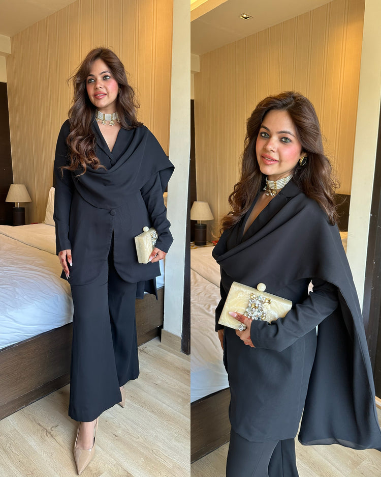 Black power suit with drape