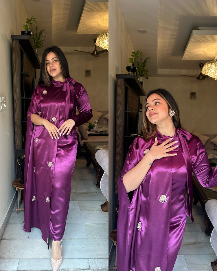 Purple satin knot cape set