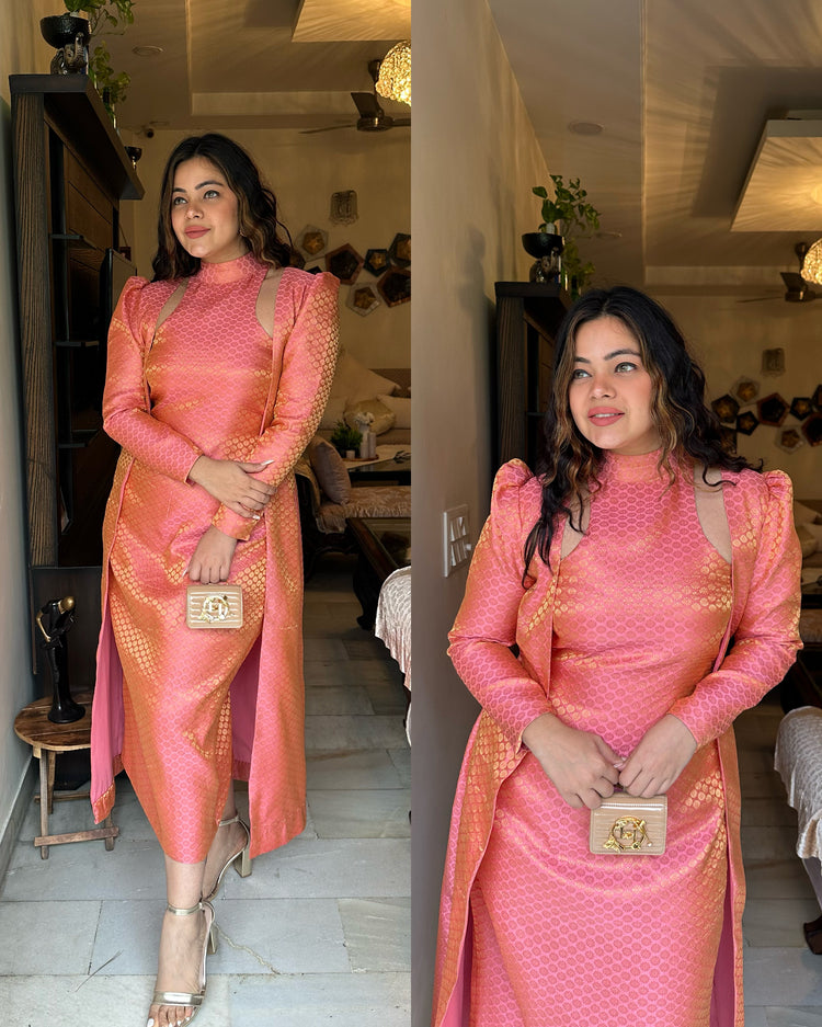Peachy pink silk jacket set