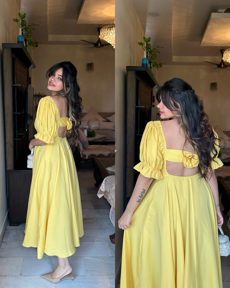 Muted yellow flower back dress