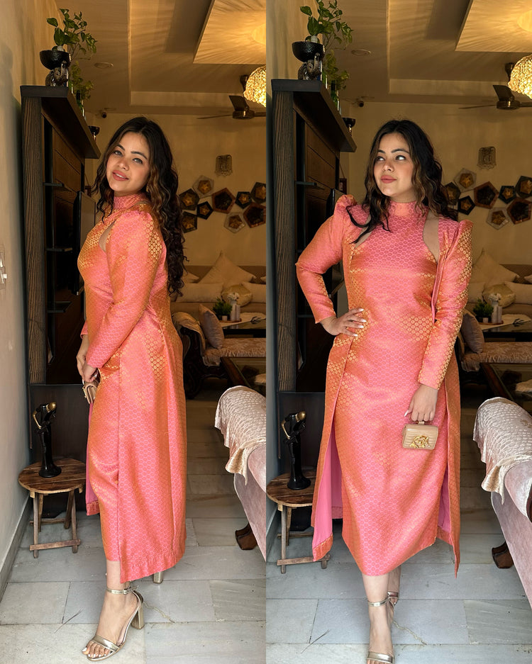 Peachy pink silk jacket set