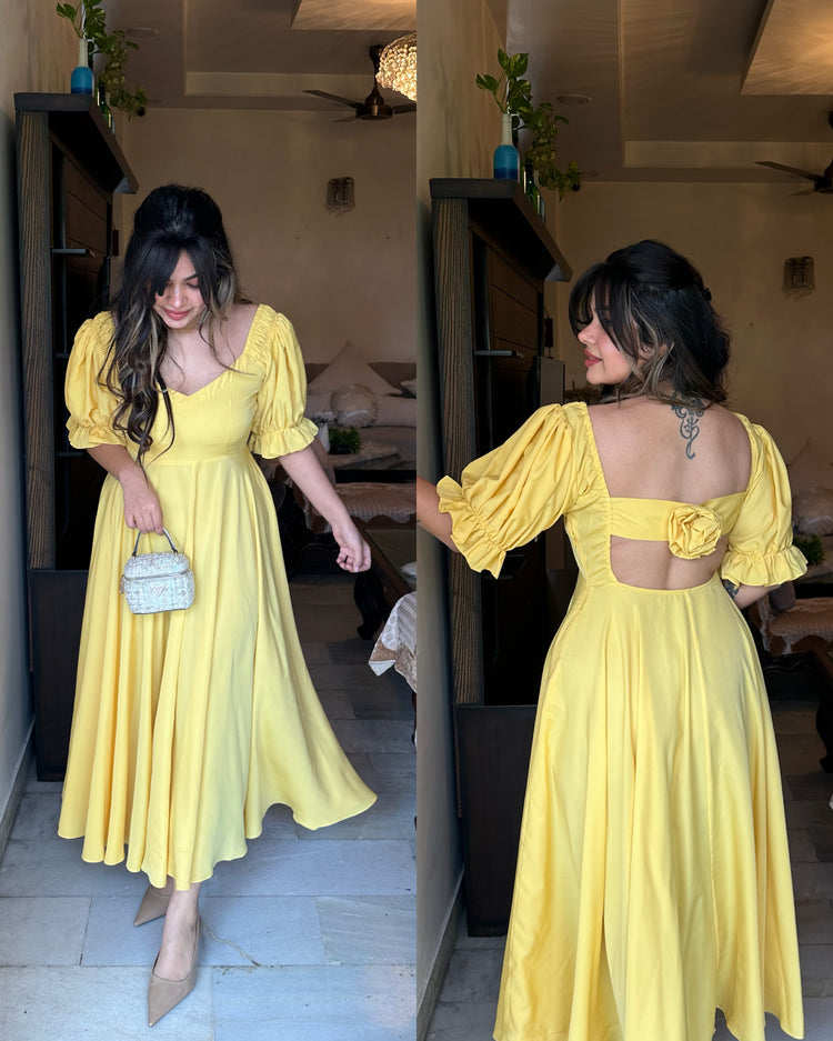 Muted yellow flower back dress