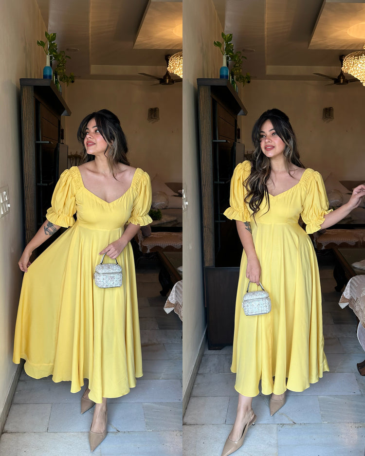 Muted yellow flower back dress