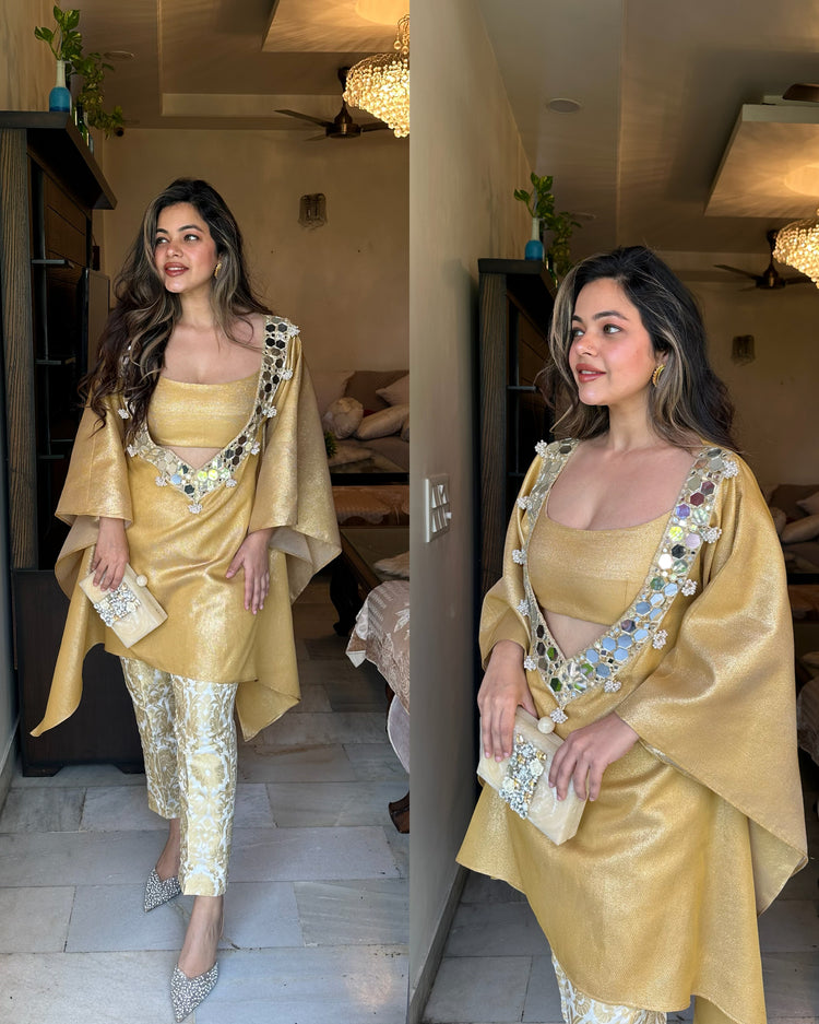 Golden mirror kaftan silk set