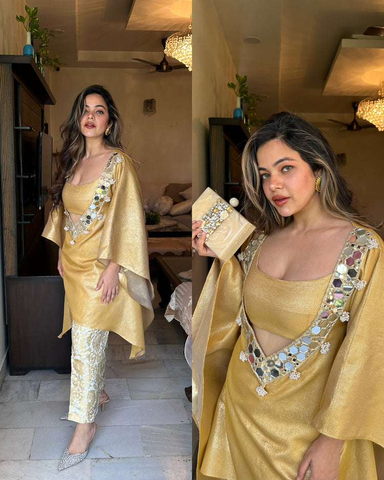 Golden mirror kaftan silk set