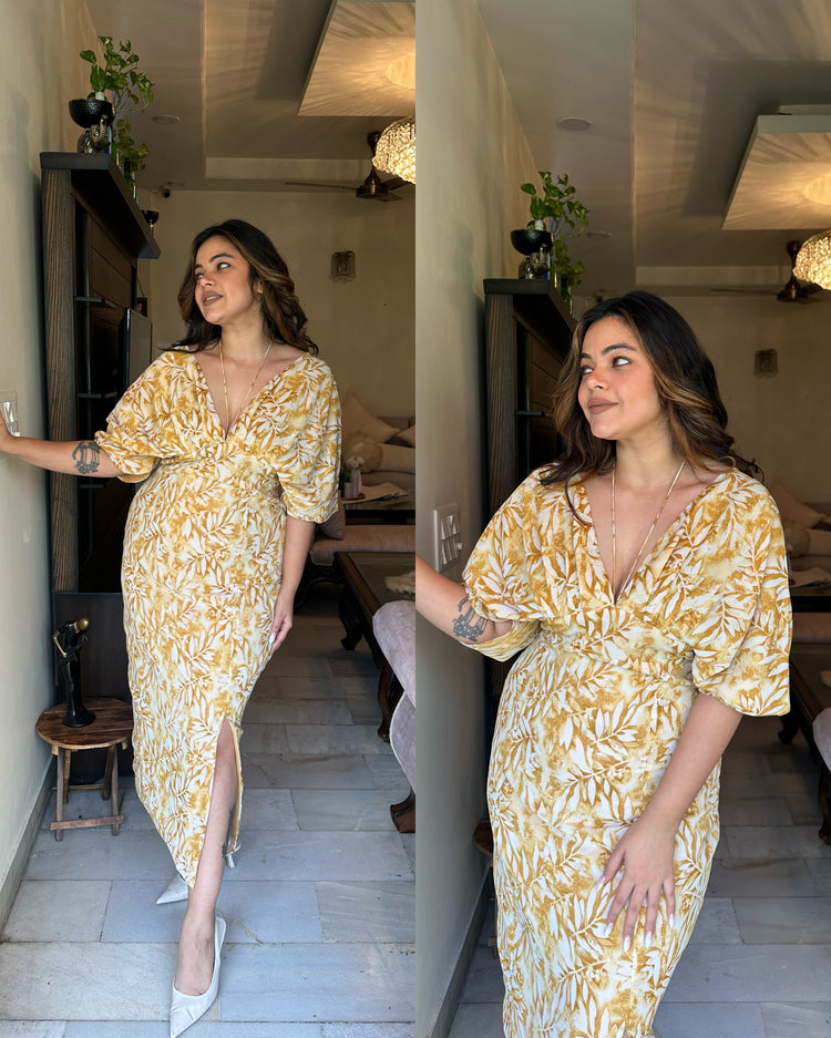 Yellow printed string neck dress