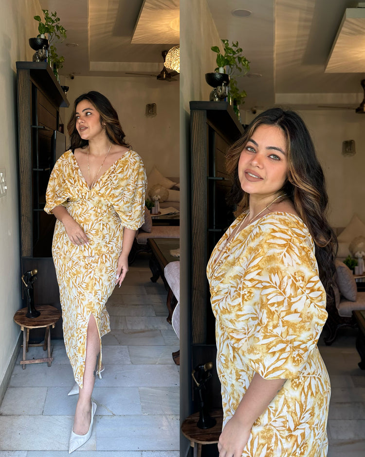 Yellow printed string neck dress