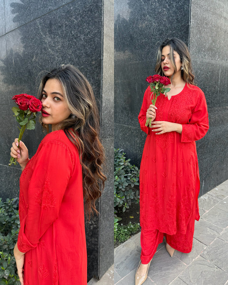 Red pure chikankari muslin set