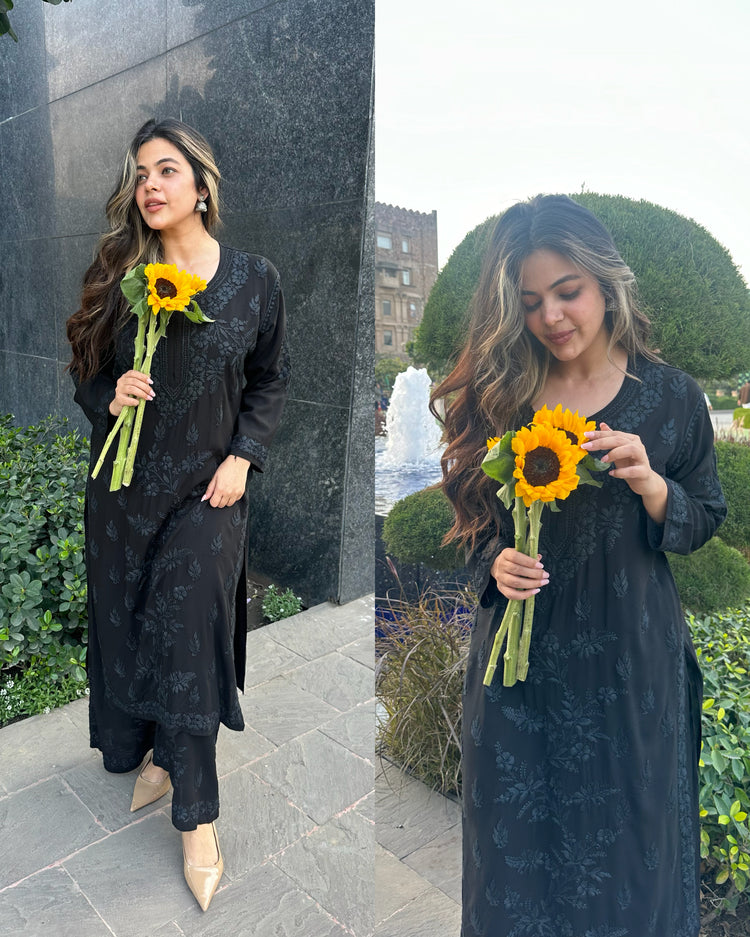Black pure chikankari muslin set
