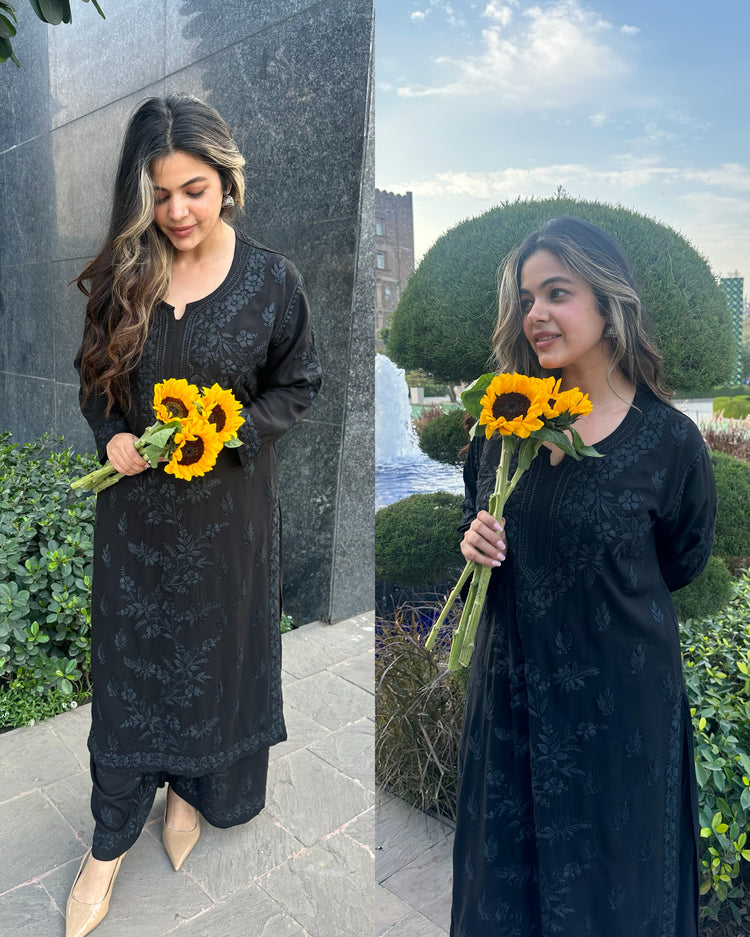 Black pure chikankari muslin set