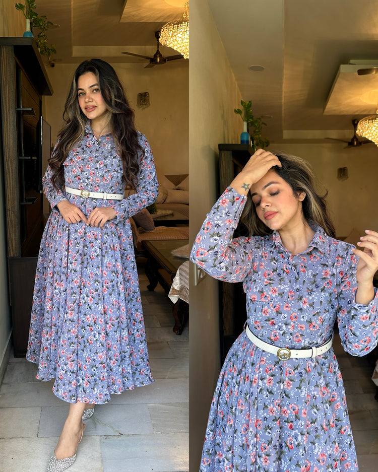 Greyish blue printed flap pocket dress