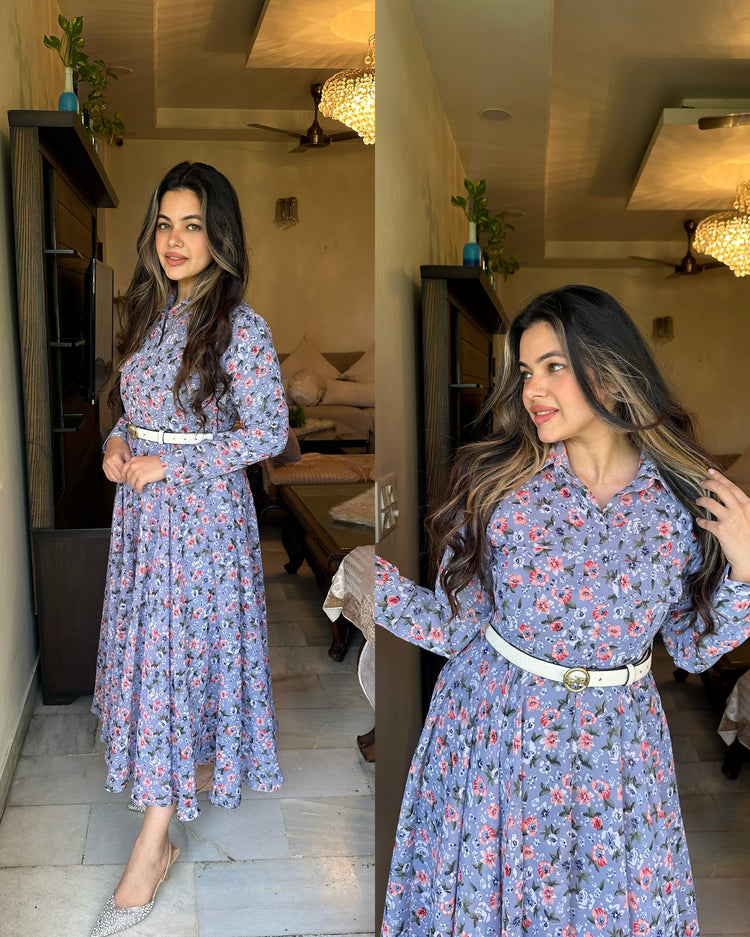 Greyish blue printed flap pocket dress