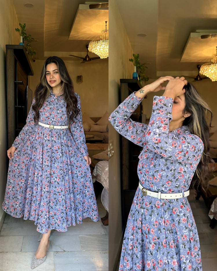 Greyish blue printed flap pocket dress