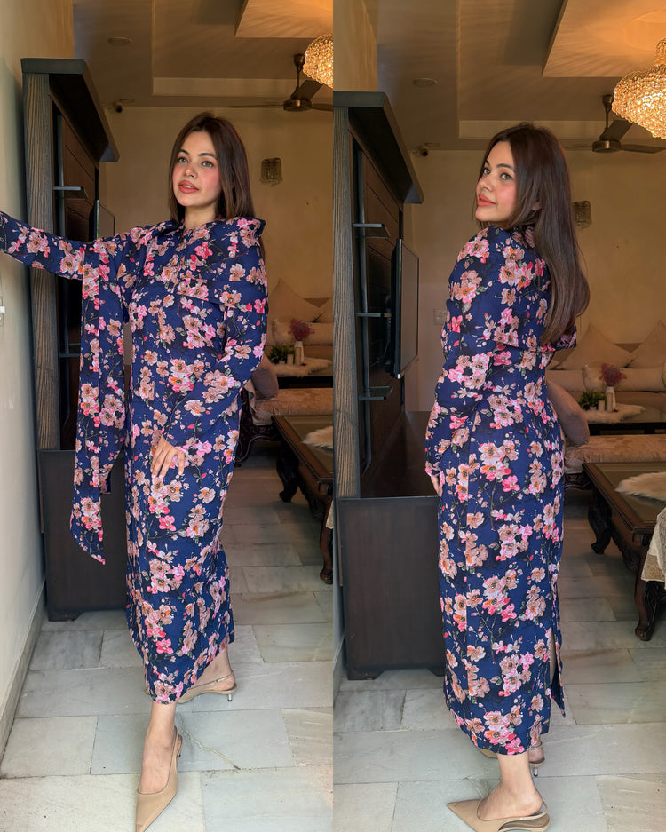 Blue floral drape dress