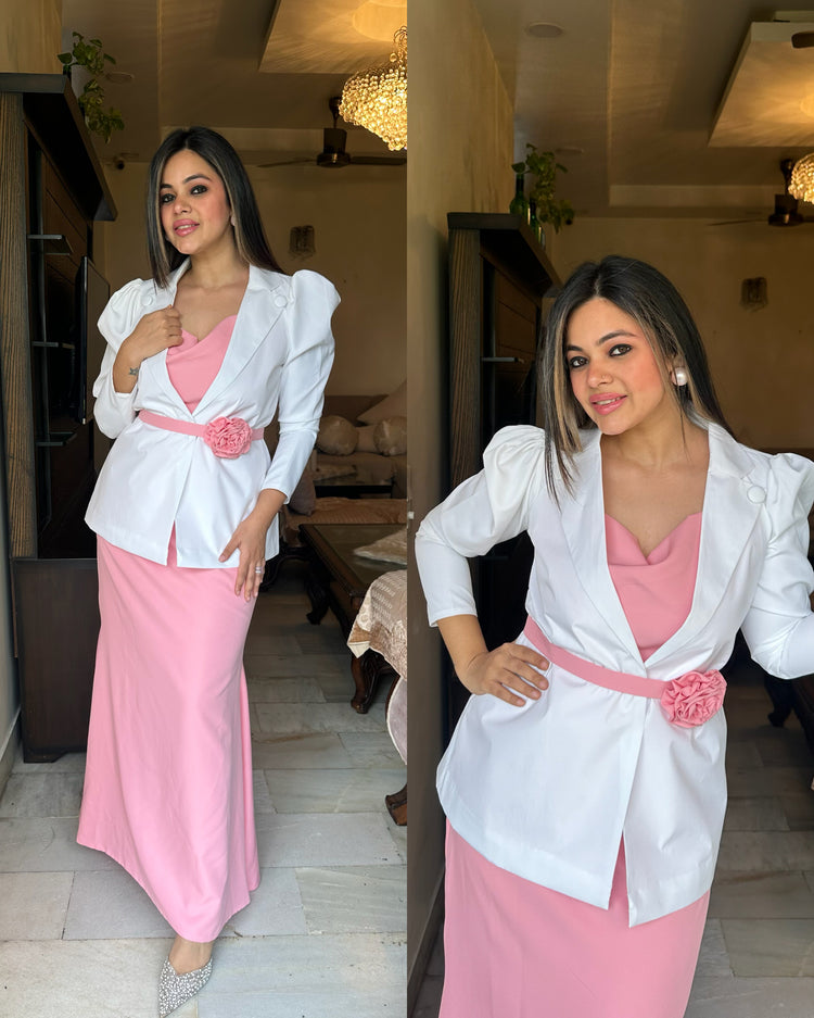 White pink rose belt blazer set