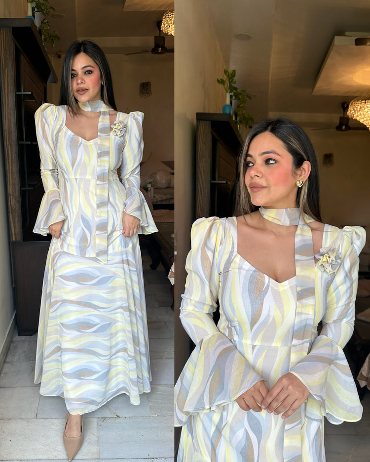 Yellow grey pastel gown with scaff