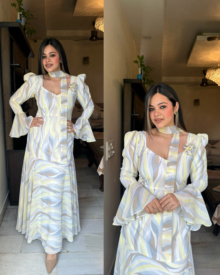Yellow grey pastel gown with scaff