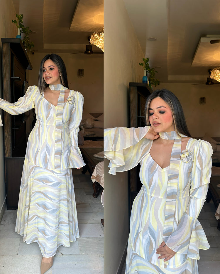 Yellow grey pastel gown with scaff