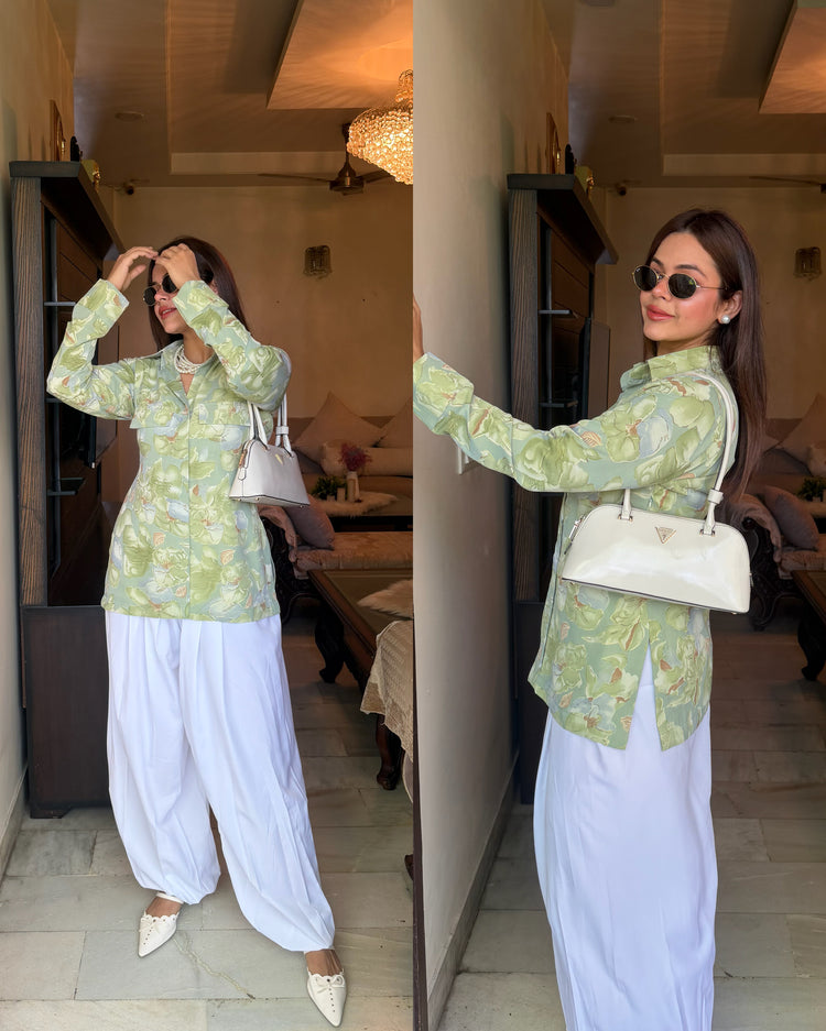 Green white balloon pants set