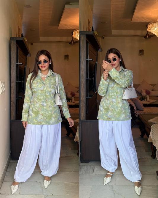 Green white balloon pants set