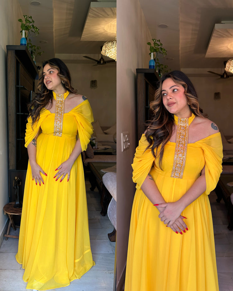 Yellow draped chocker gown
