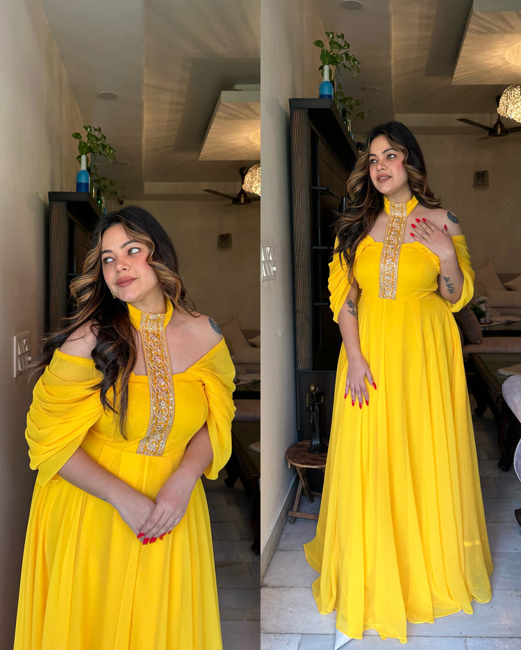 Yellow draped chocker gown