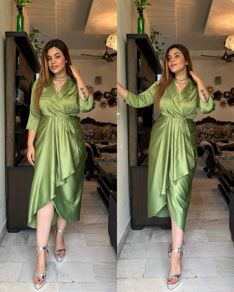 Green satin drape dress