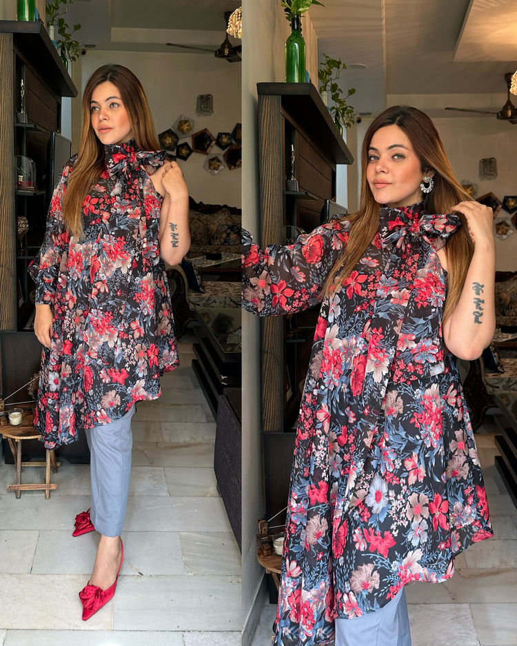 Grey red floral top set