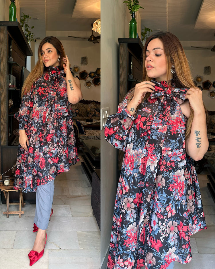 Grey red floral top set
