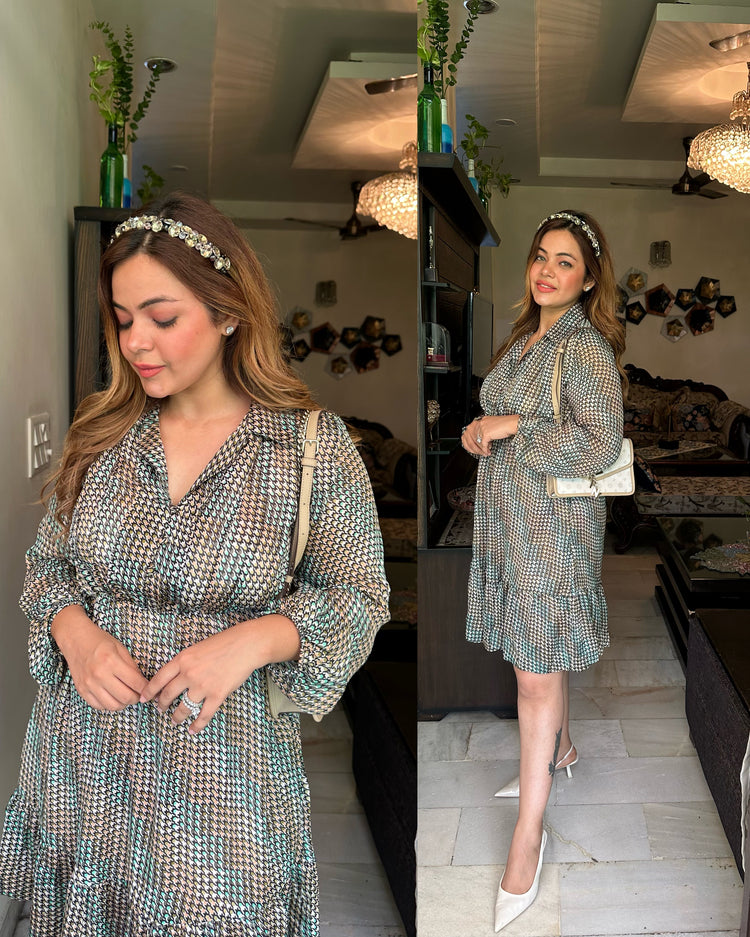 Green houndstooth print dress