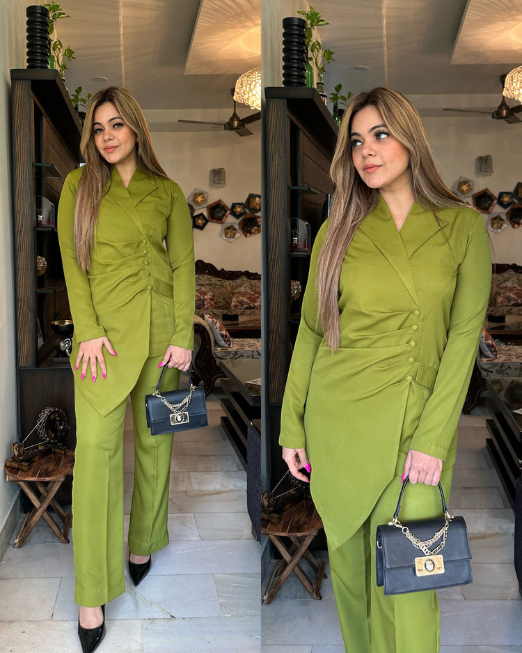 Green draped asymmetrical set