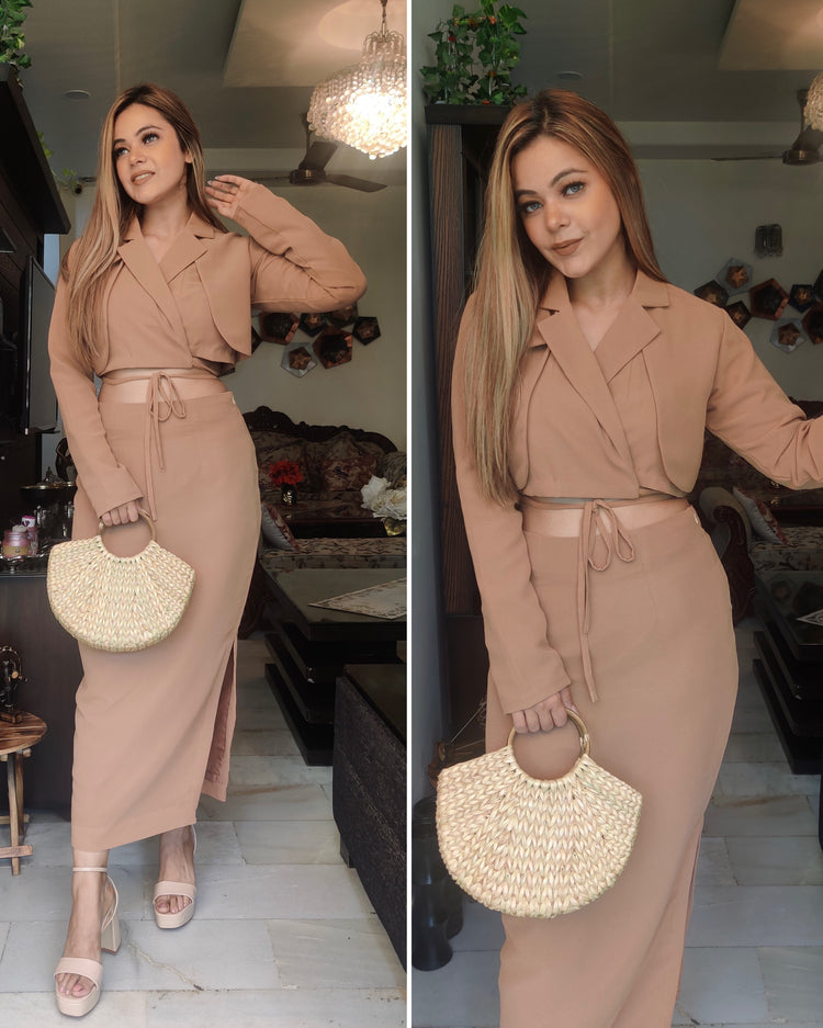 Nude blazer top with skirt