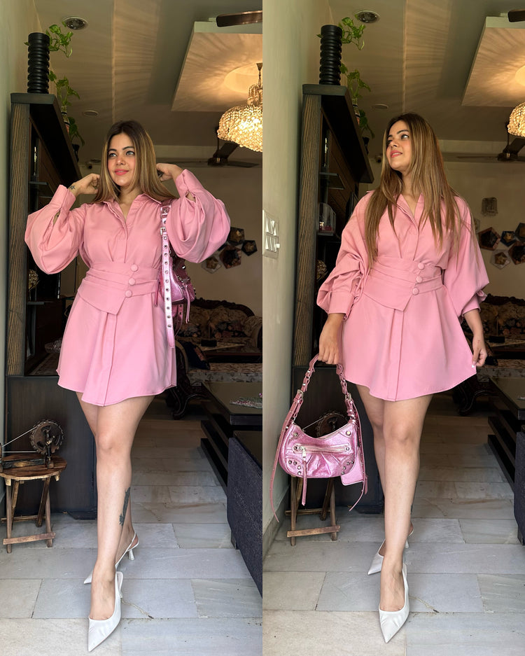 Blush pink shirt dress with belt