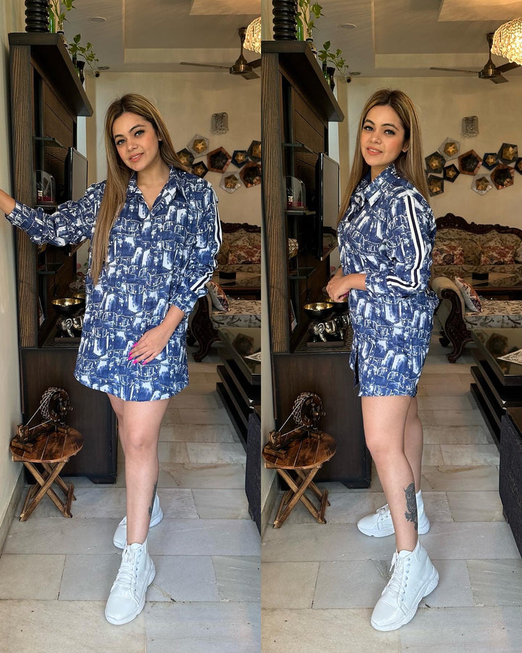 Denim print stripes dress