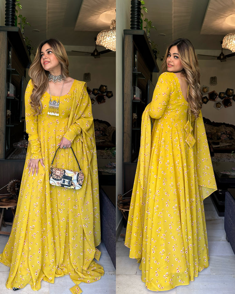 Yellow printed anarkali