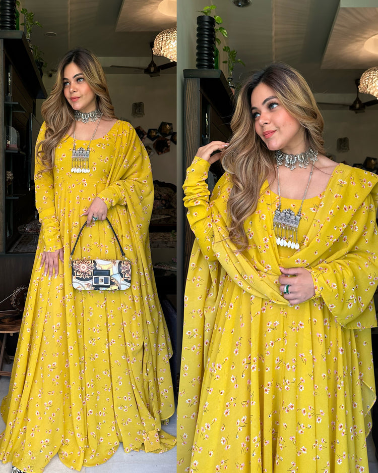 Yellow printed anarkali