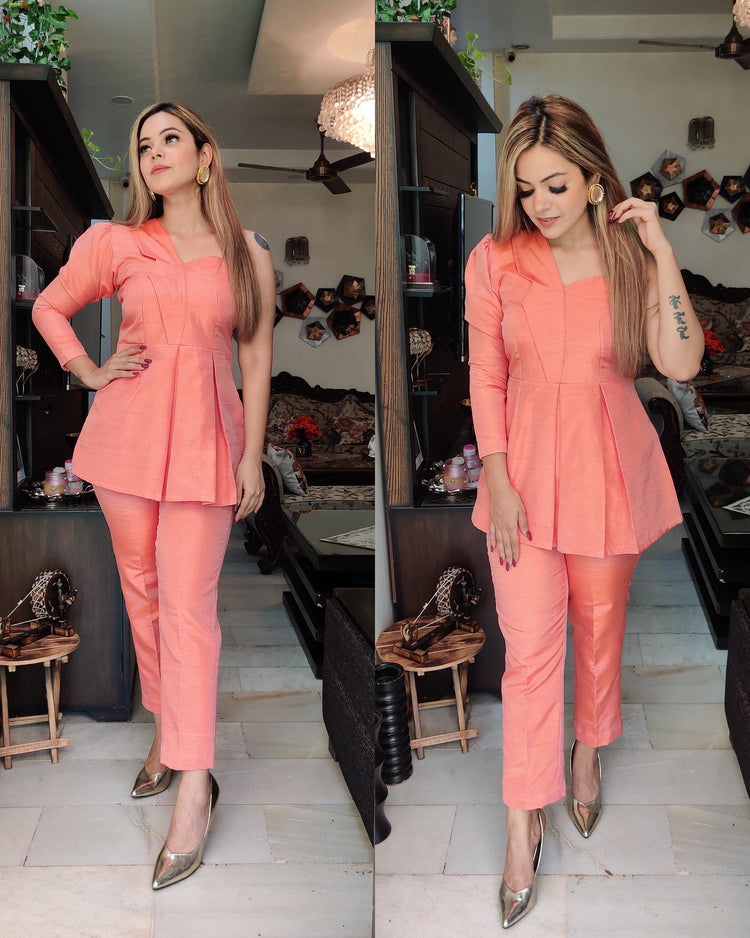 Peach silk one shoulder set