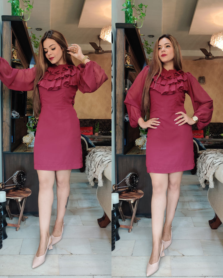 Ruffled neck wine dress