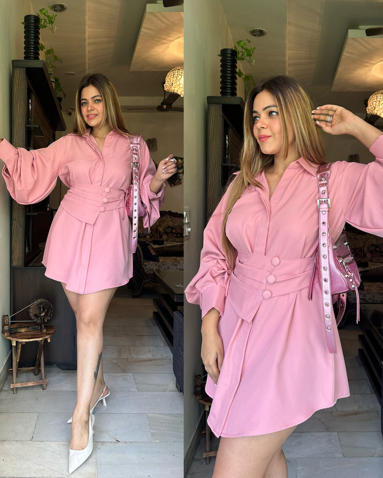 Blush pink shirt dress with belt