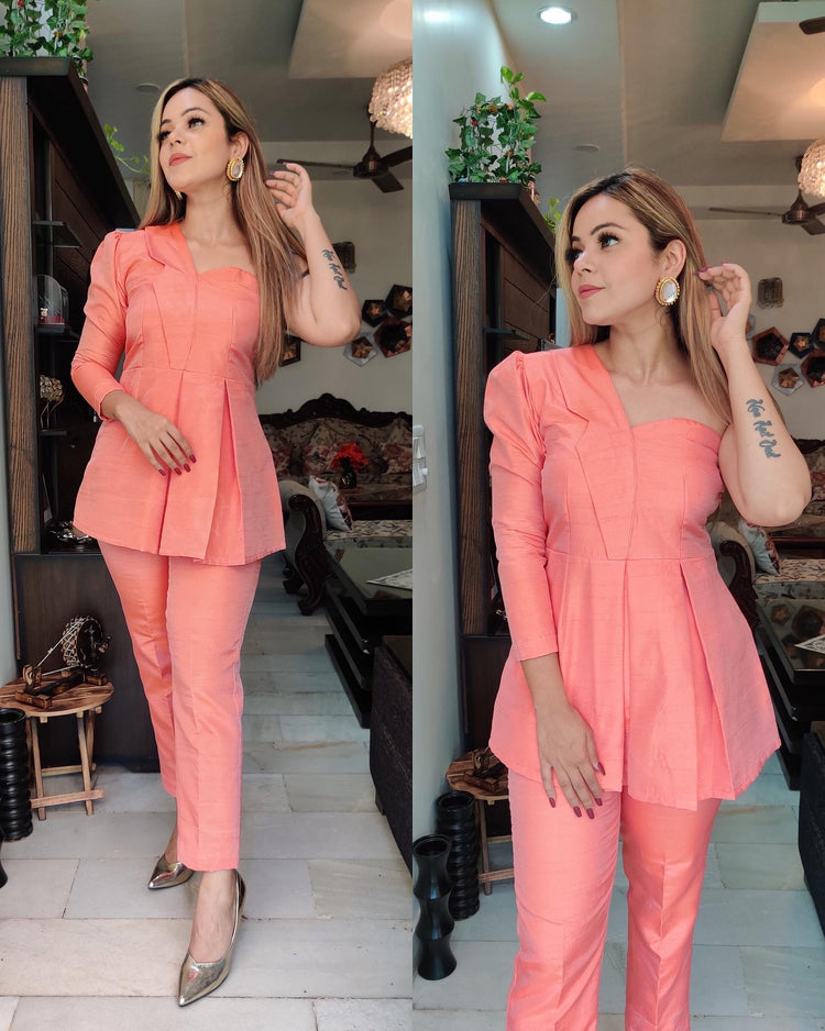 Peach silk one shoulder set