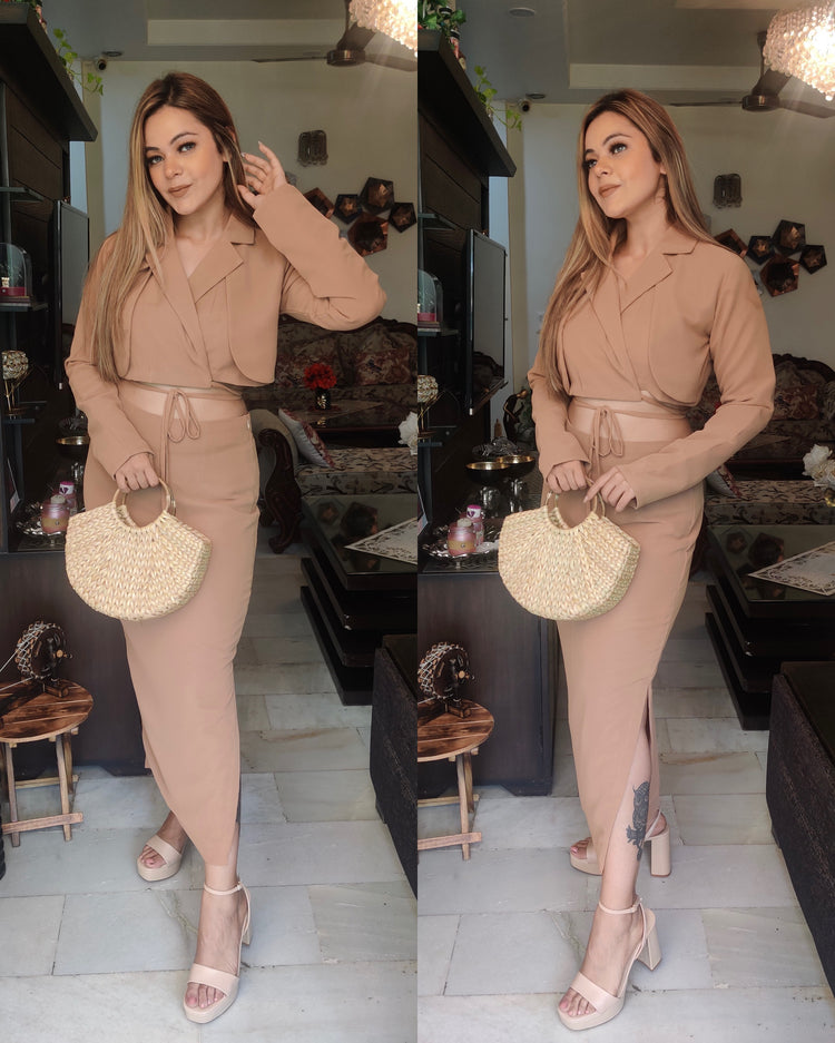 Nude blazer top with skirt
