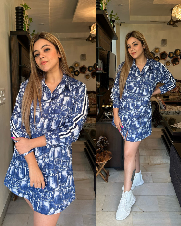 Denim print stripes dress