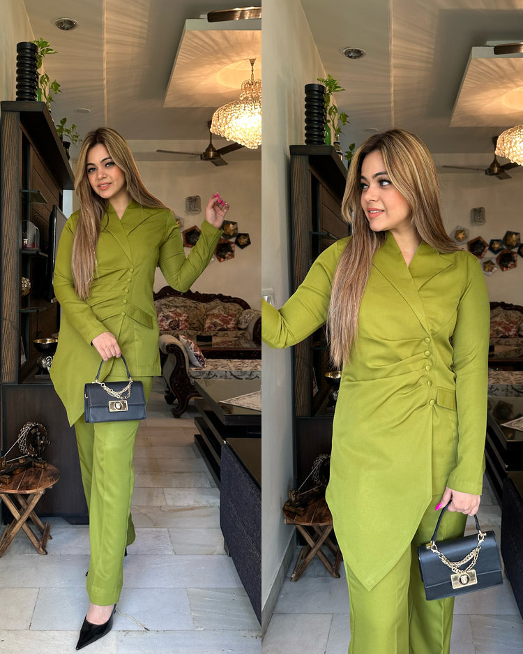 Green draped asymmetrical set