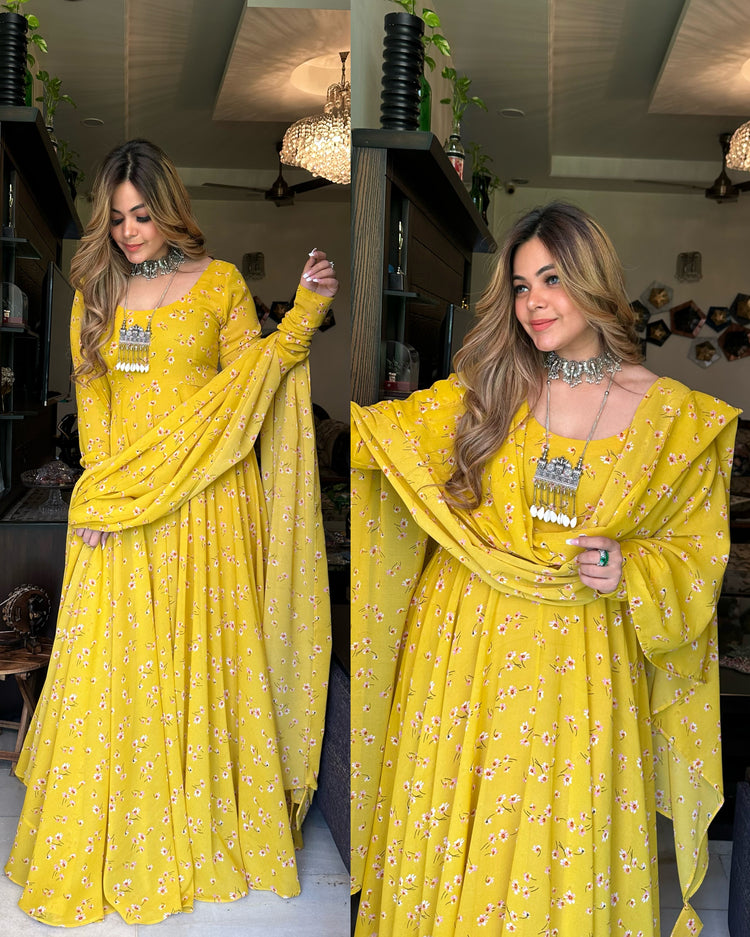 Yellow printed anarkali