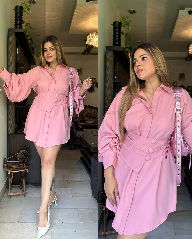 Blush pink shirt dress with belt