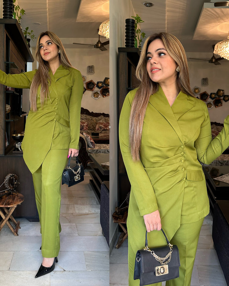 Green draped asymmetrical set